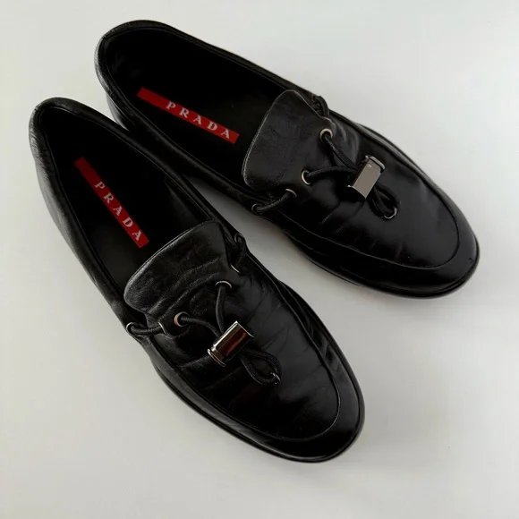 Prada | Shoes | Prada Black Leather Loafers With Metal Logo  display picture 2
